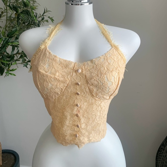 Tops - Butter Yellow Lace Halter Corset Top Sexy Feminine Camisole